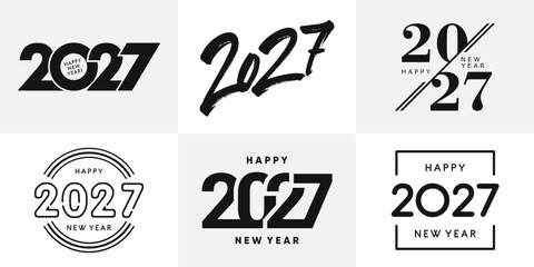 Plakat Big Set of 2027 Happy New Year logo text design. 2027 number design template. Collection of 2027 Happy New Year symbols. Vector illustration with black labels isolated on white background.