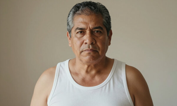 latino male graying hair stern expression wears plain white tank top neutral background warm soft focus