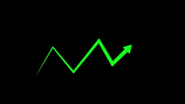 Green financial growth arrow chart animation, rising business success trend graph, upward market performance concept, digital data analysis visual, isolated on black background