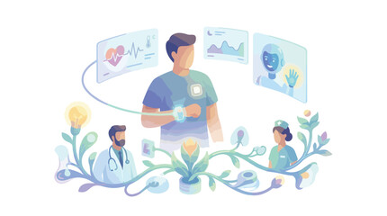 Obraz premium Digital health monitoring concept with patient and medical professionals.