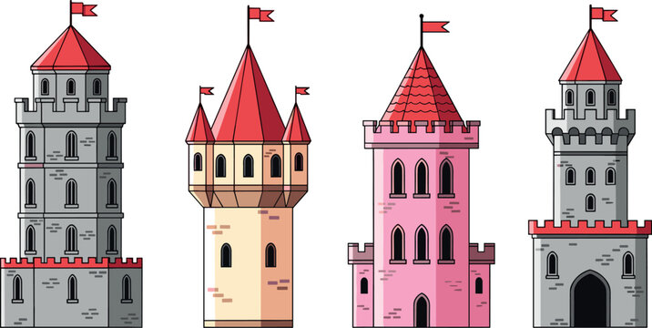 Medieval Castle Tower Vector Icon Set with Fairytale Fortress and Kingdom Citadel Symbols for Mobile Game Assets and Children Storybook Illustrations