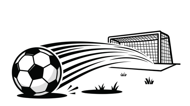 Dynamic illustration of a soccer ball in motion, streaking towards a goalpost on a grassy field, symbolizing a powerful shot and athletic competition