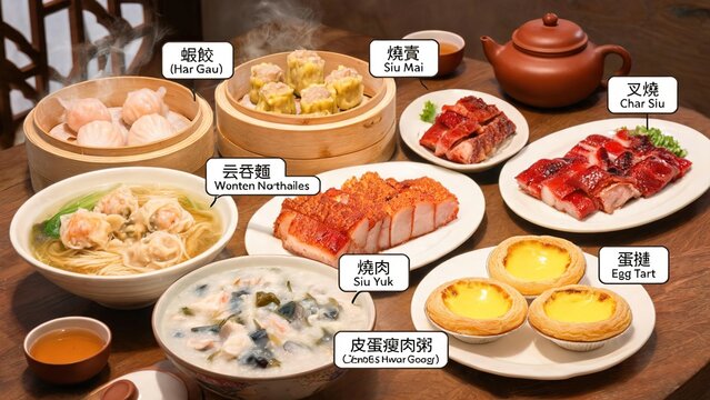 Traditional Cantonese Dim Sum and Roast Meat Feast, Featuring Steaming Har Gow Shrimp Dumplings, Siu Mai, Char Siu, Crispy Roast Pork Belly, Wonton Noodle Soup, Century Egg Congee, and Egg Tarts, Labe