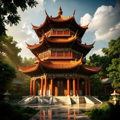 Obraz premium Traditional Chinese Pagoda in Serene Garden at Golden Hour