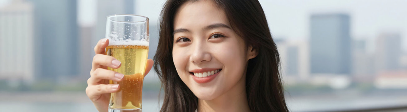 smiling asian female radiant complexion holds cold glass beer blurred cityscape background highlighting refreshing