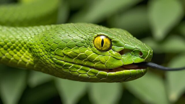 Macro Close Up of Green Pit Viper Snake Flicking Tongue