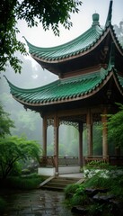 Obraz premium Traditional Chinese Pavilion Nestled in Misty Garden