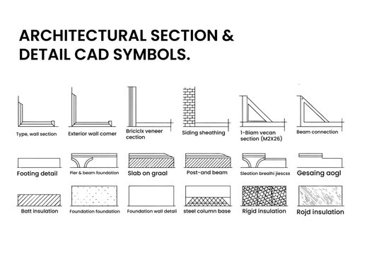 CAD section symbols for architecture. Details of construction drafting, blueprint material hatch patterns, wall, floor, and roof sections, and technical drawing infographics for foundation footing, sl
