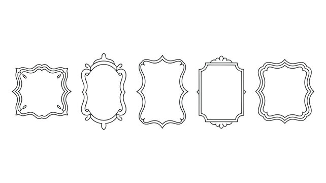 Five ornate black and white decorative frames in a linear arrangement