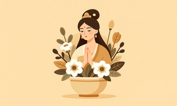 stunning portrait lovely female deity surrounded lush flowers delicate cachepot set warm inviting bright yellow