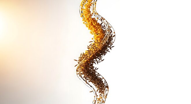 Dynamic swirl of mustard and cumin seeds in clear liquid splash