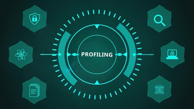 Profiling Analytics Interface Featuring Circular Data Identification System and Corporate Technology Icons on Futuristic Digital Background