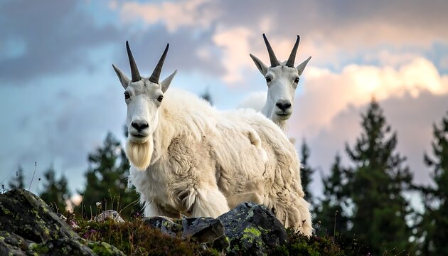 Two white mountain goats on rocky terrain with trees and cloudy sky