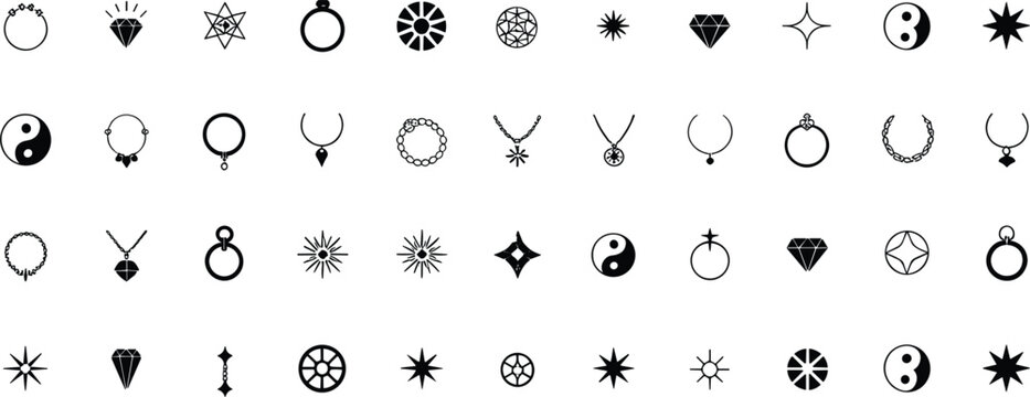 Set of Black Jewelry and Gem Vector Icons Including Rings, Pendants, Gems, Stars, and Decorative Symbols for Fashion, Luxury, and Accessory Design Projects
