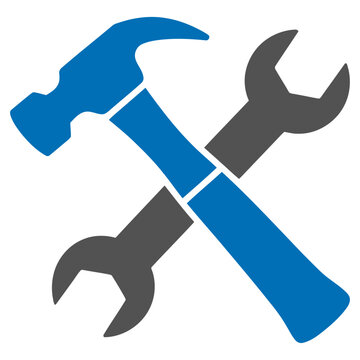 Blue and gray vector of a hammer and wrenches crossed together