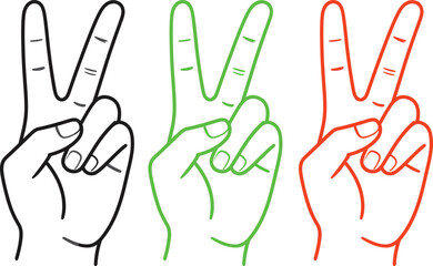 Fototapeta premium Three hand gestures showing peace signs in black, green, and red outline