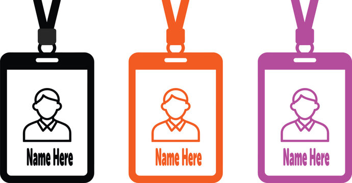 Three vertical id badge holders with lanyards in black, orange, and purple
