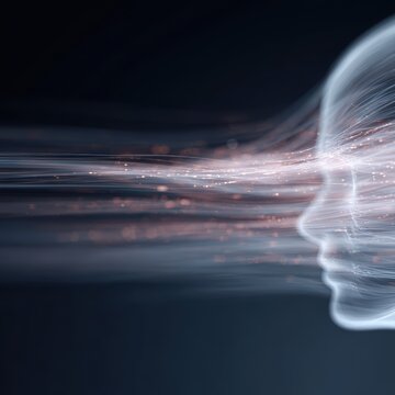 abstract digital human head with glowing data streams flowing outward, artificial intelligence and neural network concept