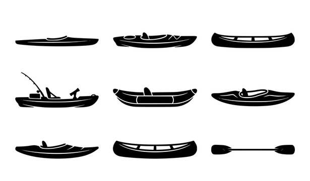 Minimal kayak and canoe silhouette vector set with paddles and water sport adventure icons