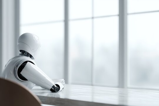 robot sitting at table observing surroundings in modern interior, artificial intelligence awareness concept