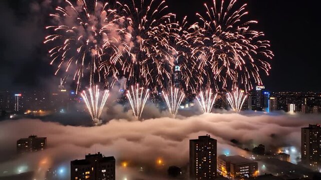 Fireworks Display Over City Skyline At Night.