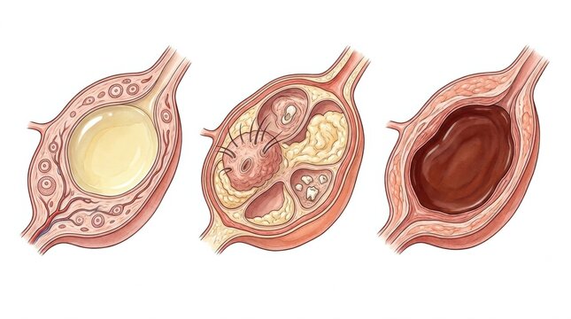 Illustration displays three types of cysts, highlighting variations in structure and content relevant to gynecology and womens health