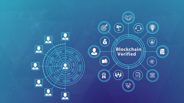 Blockchain Verification Animation with Connected Secure Network and Futuristic Digital Technology Interface Background