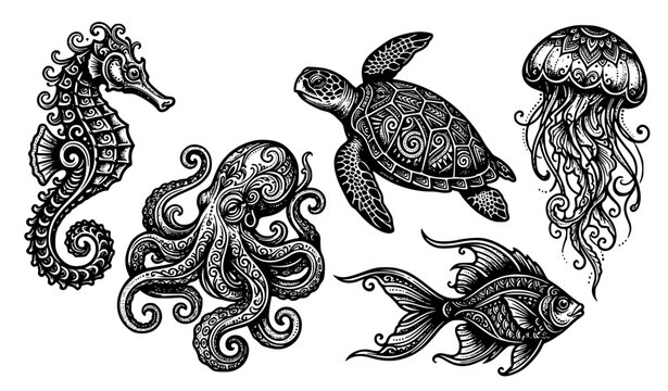 Undersea animals tattoo style set seahorse jellyfish turtle octopus black ink vector illustration isolated