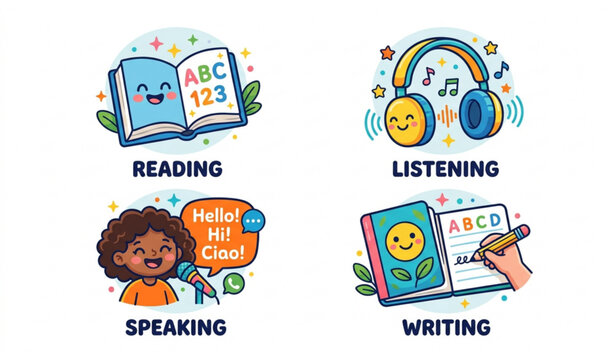 Cute cartoon language learning icons reading listening speaking writing vector illustration isolated white background