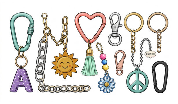 Cute colorful keychain accessories set carabiners chains clips charms vector illustration isolated white background
