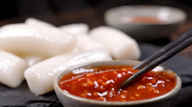 Closeup of Tteokbokki Rice Cakes Being Dipped in Spicy Sauce with Chopsticks.