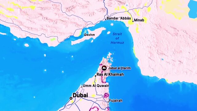 Strait of Hormuz maritime route map Iran UAE, Bandar Abbas to Qeshm, Fujairah, Sharjah, Gulf of Oman, Persian Gulf shipping lanes