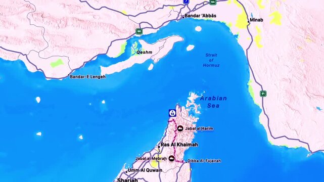 Strait of Hormuz maritime route map Iran UAE, Bandar Abbas to Qeshm, Fujairah, Sharjah, Gulf of Oman, Persian Gulf shipping lanes