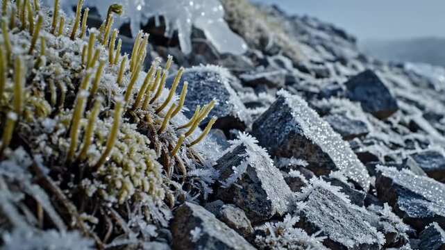 Yellow clubmoss-like arctic plants rising from frost covered rocks, macro view of icy alpine tundra slope, sparkling crystals, rugged stones, and cold polar morning atmosphere in sunlight glow