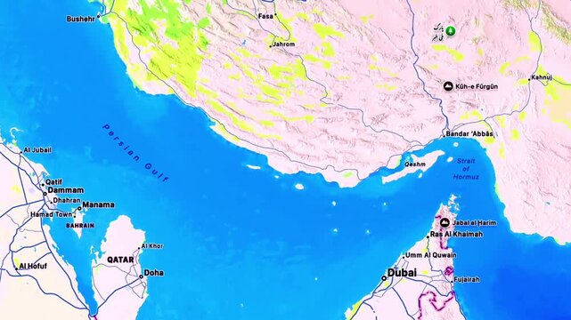 Strait of Hormuz maritime route map Iran UAE, Bandar Abbas to Qeshm, Fujairah, Sharjah, Gulf of Oman, Persian Gulf shipping lanes