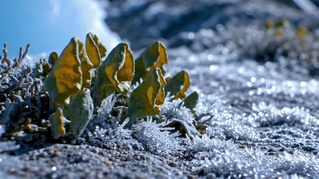 Small folded leaf arctic plants emerging from sparkling frost beside lichen and gravel, macro polar close up, blue ice highlights, fragile tundra growth, and cold mountain habitat detail scene