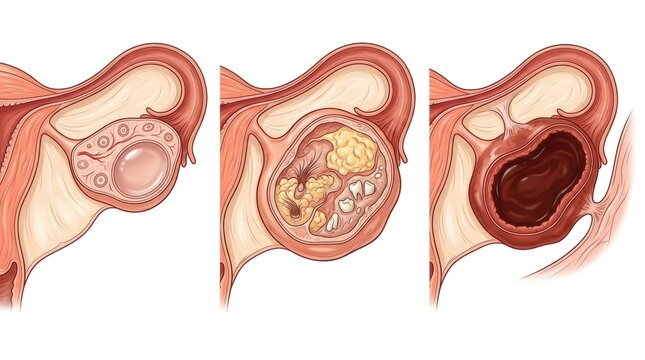 Different types of cysts, highlighting the comparison of their appearances inside the reproductive system of women.