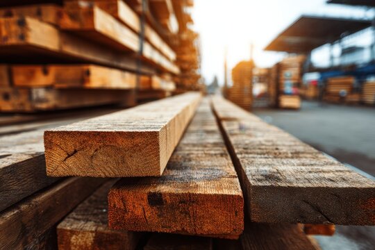 Stacks of freshly cut wooden planks arranged outdoors at a lumber yard during golden hour showcasing natural textures and warm tones in the wood grain