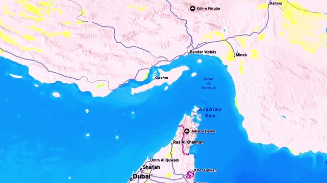 Strait of Hormuz maritime route map Iran UAE, Bandar Abbas to Qeshm, Fujairah, Sharjah, Gulf of Oman, Persian Gulf shipping lanes