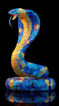 Vibrant polygonal illustration of a striking rearing snake with open mouth and flicking tongue set against a dark background creating a bold visual impact