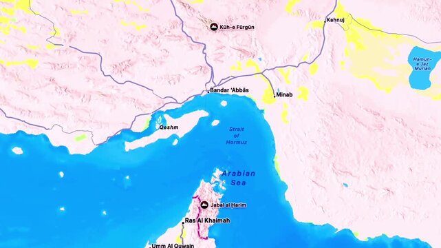 Strait of Hormuz maritime route map Iran UAE, Bandar Abbas to Qeshm, Fujairah, Sharjah, Gulf of Oman, Persian Gulf shipping lanes