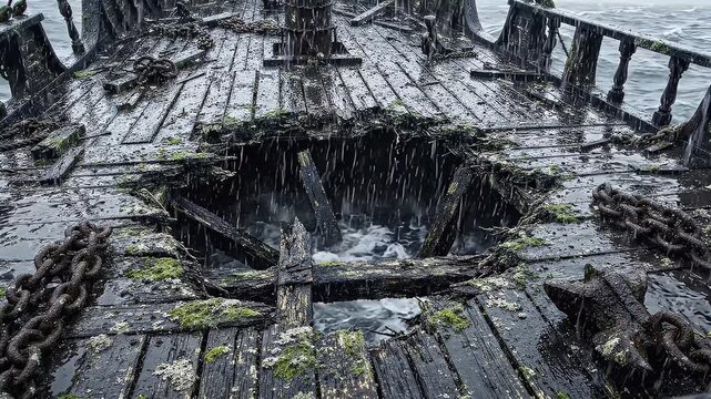 Damaged wooden dock with hole and chains.