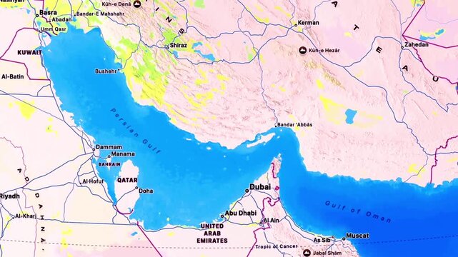 Strait of Hormuz maritime route map Iran UAE, Bandar Abbas to Qeshm, Fujairah, Sharjah, Gulf of Oman, Persian Gulf shipping lanes