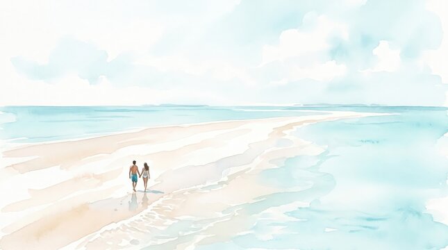 Couple walking on a vast sandy beach with blue water and cloudy sky.