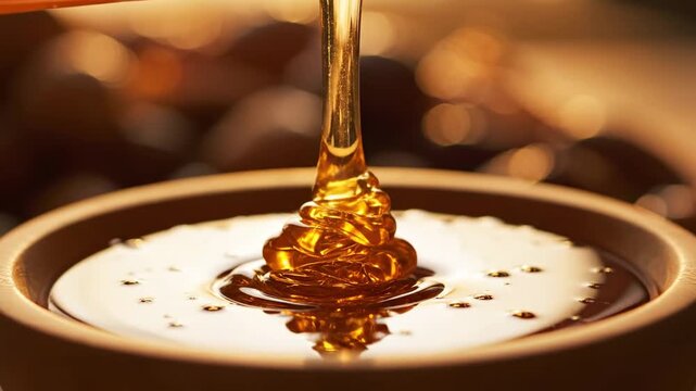 Golden honey pouring into bowl.