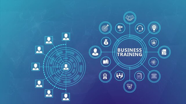 Business Training Animation Featuring Connected Smart Learning Interface and Futuristic Enterprise Technology Background