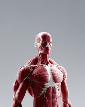 front view of human muscular system anatomical model with intricate muscles and partial skeletal structure on neutral background