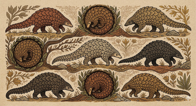 Folk Art Pangolin Illustration Collection with Intricate Ornamental Scales