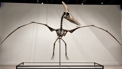 pteranodon. A pteranodon fossil skeleton is displayed against a clean white museum background. STEM education sheets, lab safety posters, designed for biotech research communications. © Yu