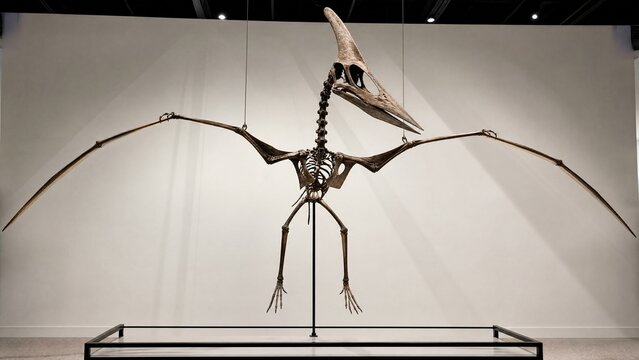 pteranodon. A pteranodon fossil skeleton is displayed against a clean white museum background. STEM education sheets, lab safety posters, designed for biotech research communications.